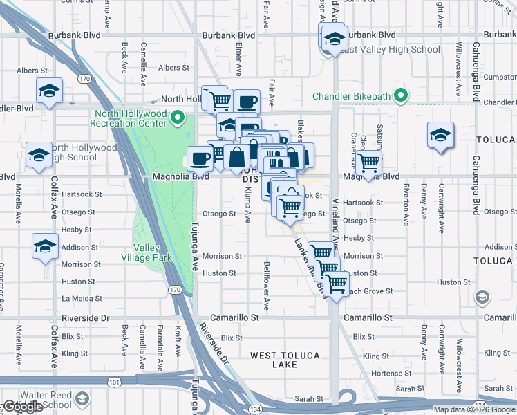 map of restaurants, bars, coffee shops, grocery stores, and more near 11201 Otsego Street in Los Angeles
