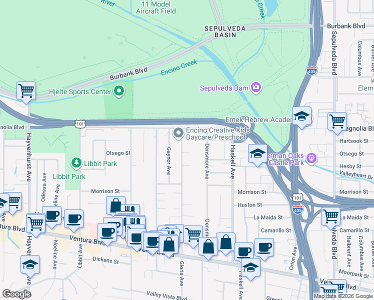 map of restaurants, bars, coffee shops, grocery stores, and more near 5150 Gloria Avenue in Los Angeles