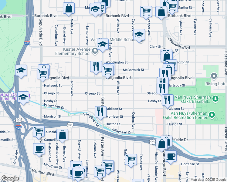 map of restaurants, bars, coffee shops, grocery stores, and more near 14833 Hartsook Street in Los Angeles