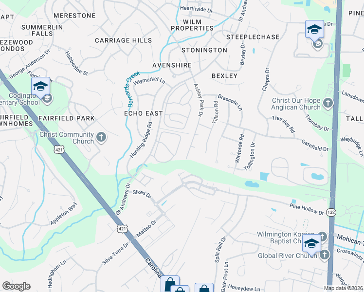 map of restaurants, bars, coffee shops, grocery stores, and more near 4594 Tynemouth Drive in Wilmington