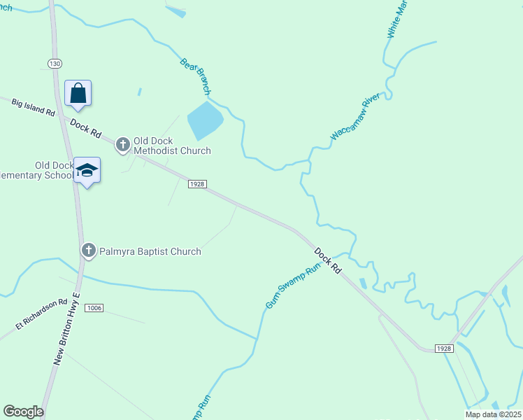map of restaurants, bars, coffee shops, grocery stores, and more near 771 Dock Road in Whiteville