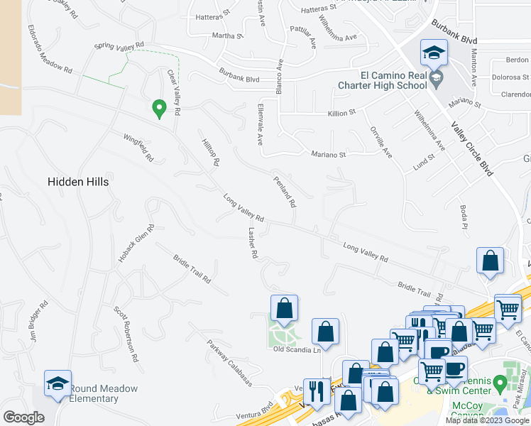 map of restaurants, bars, coffee shops, grocery stores, and more near 24153 Long Valley Road in Hidden Hills