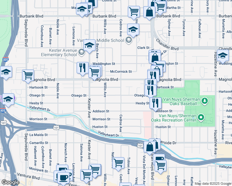 map of restaurants, bars, coffee shops, grocery stores, and more near 14717 Otsego Street in Los Angeles