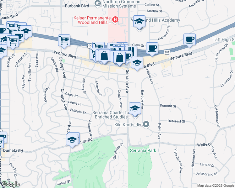 map of restaurants, bars, coffee shops, grocery stores, and more near 5107 Catalon Avenue in Los Angeles