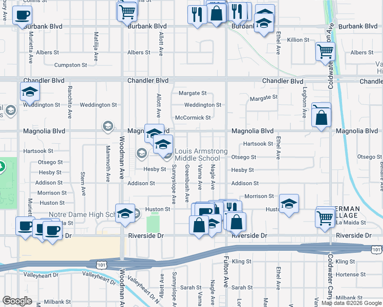 map of restaurants, bars, coffee shops, grocery stores, and more near 5110 Greenbush Avenue in Los Angeles