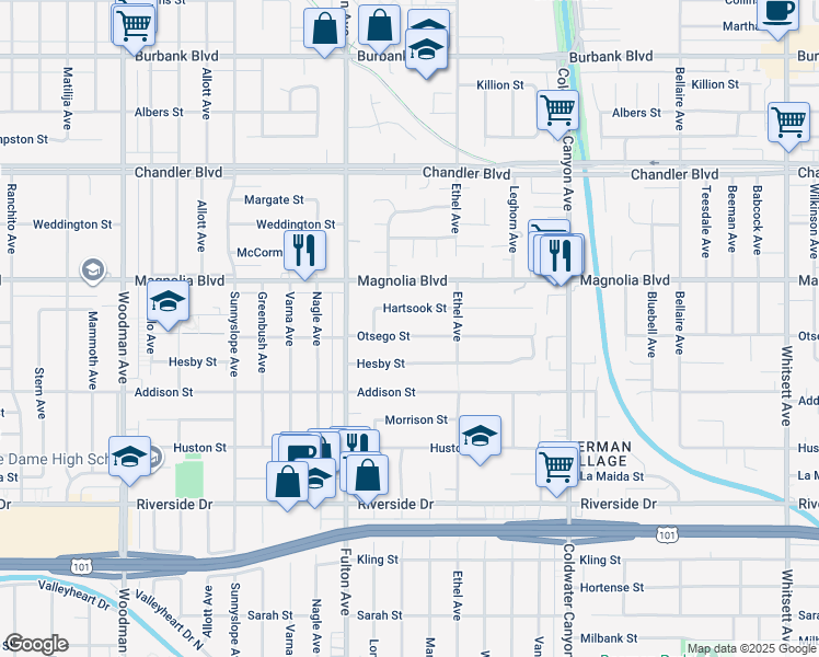 map of restaurants, bars, coffee shops, grocery stores, and more near 13157 Otsego Street in Los Angeles