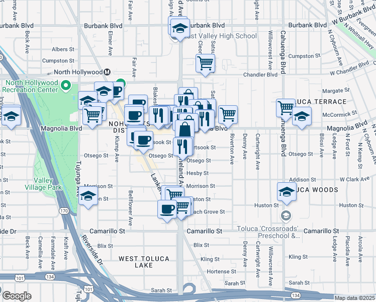 map of restaurants, bars, coffee shops, grocery stores, and more near 10944-10950 Hartsook Street in Los Angeles