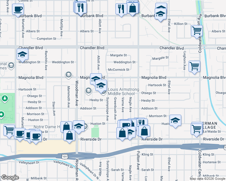 map of restaurants, bars, coffee shops, grocery stores, and more near 5130 Sunnyslope Avenue in Los Angeles