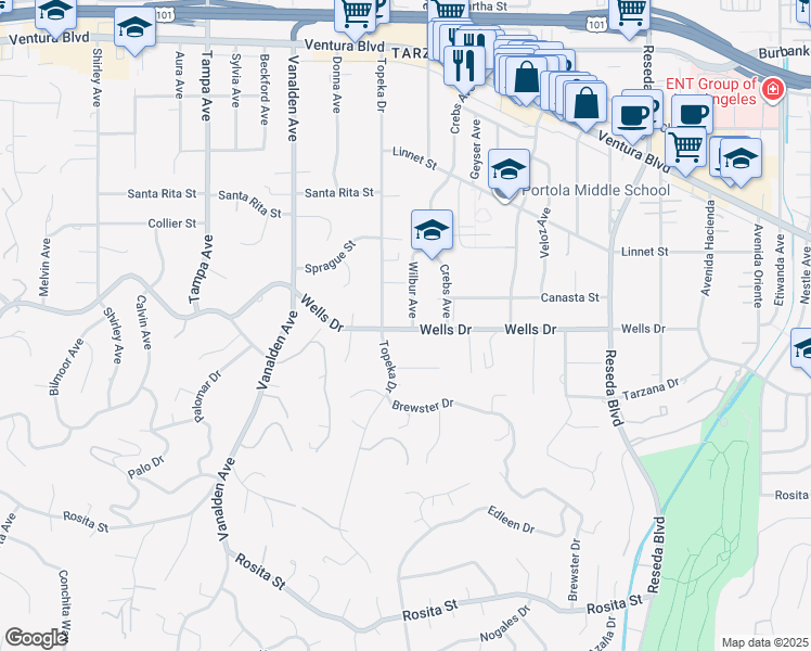 map of restaurants, bars, coffee shops, grocery stores, and more near 18938 Wells Drive in Los Angeles