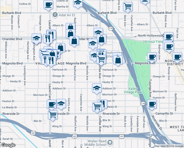map of restaurants, bars, coffee shops, grocery stores, and more near 11729 Hartsook Street in Los Angeles