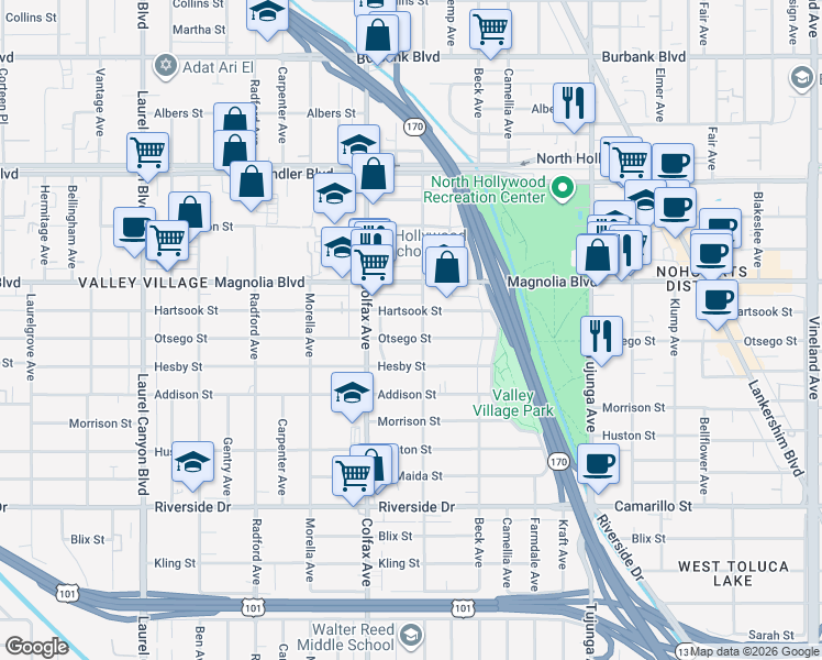 map of restaurants, bars, coffee shops, grocery stores, and more near 11600 Hartsook Street in Los Angeles