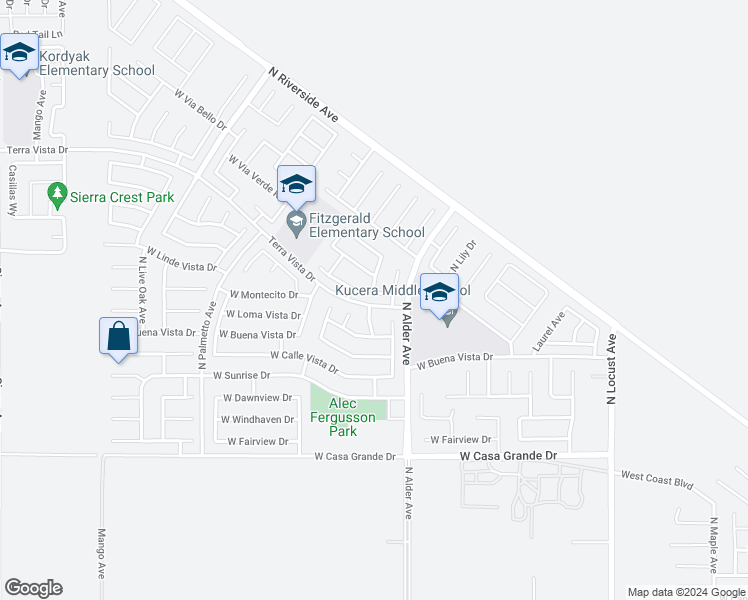 map of restaurants, bars, coffee shops, grocery stores, and more near 2367 West Vía Lindo Drive in Rialto