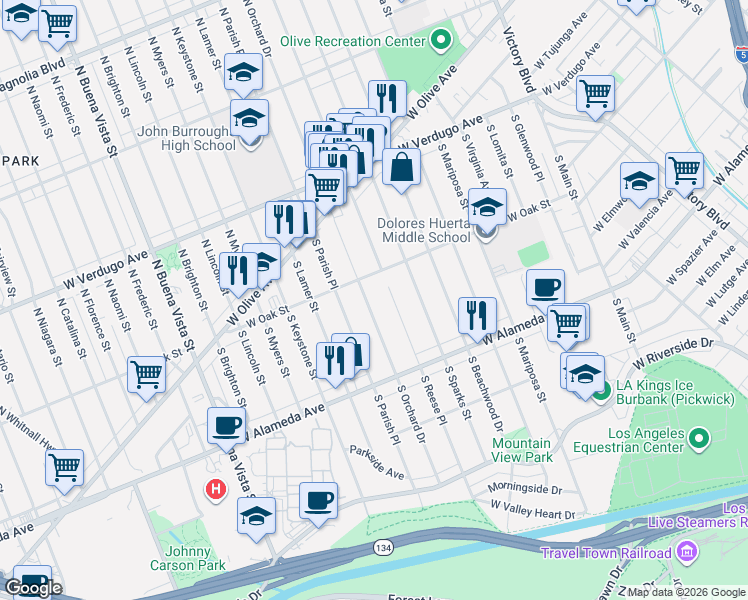 map of restaurants, bars, coffee shops, grocery stores, and more near 322 South Orchard Drive in Burbank