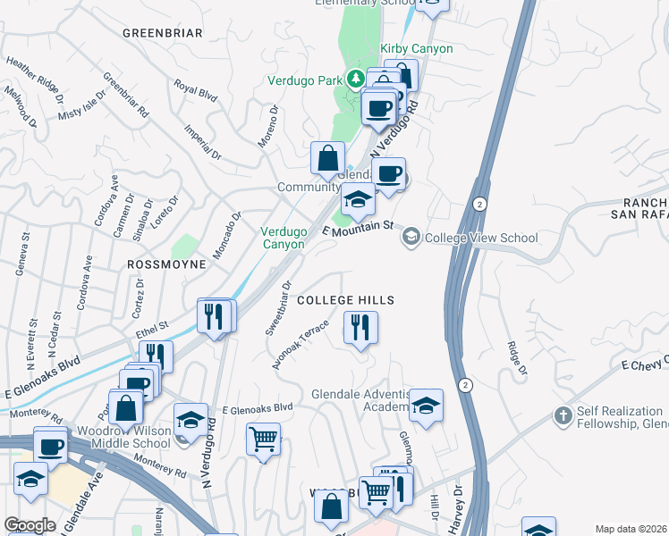 map of restaurants, bars, coffee shops, grocery stores, and more near 1259 Swarthmore Drive in Glendale