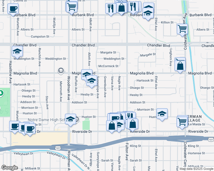 map of restaurants, bars, coffee shops, grocery stores, and more near 5110 Greenbush Avenue in Los Angeles