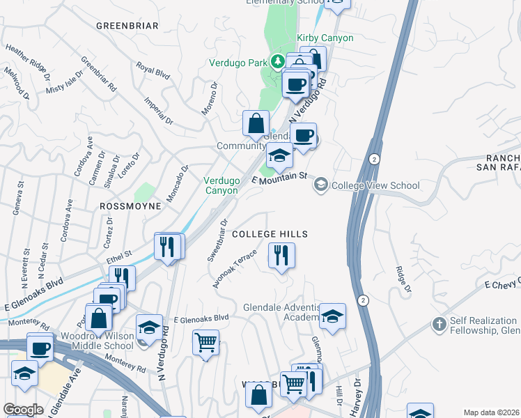 map of restaurants, bars, coffee shops, grocery stores, and more near 1259 Swarthmore Drive in Glendale