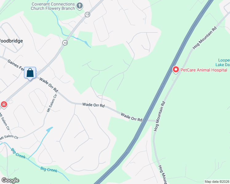 map of restaurants, bars, coffee shops, grocery stores, and more near 6294 Saturn Drive in Flowery Branch