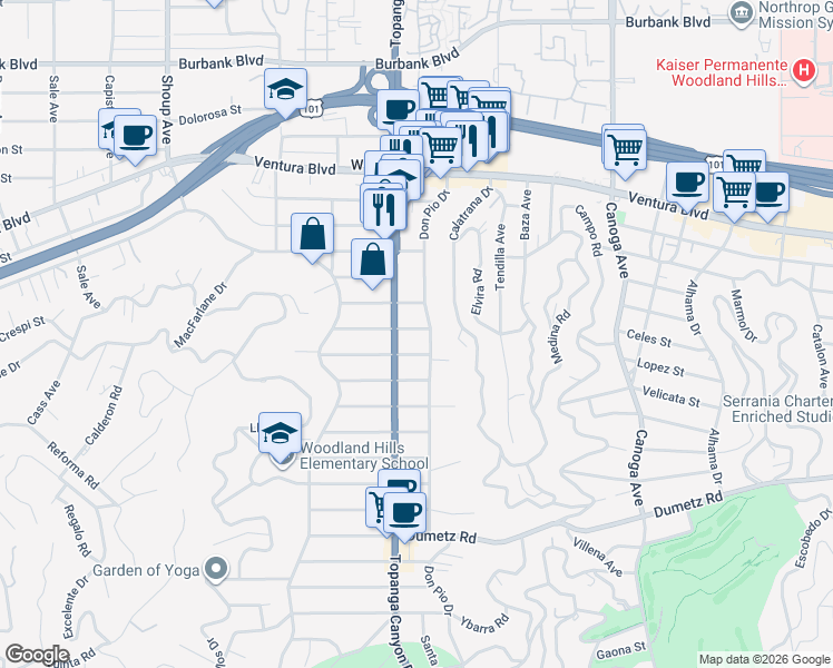 map of restaurants, bars, coffee shops, grocery stores, and more near 21914 Galvez Street in Los Angeles