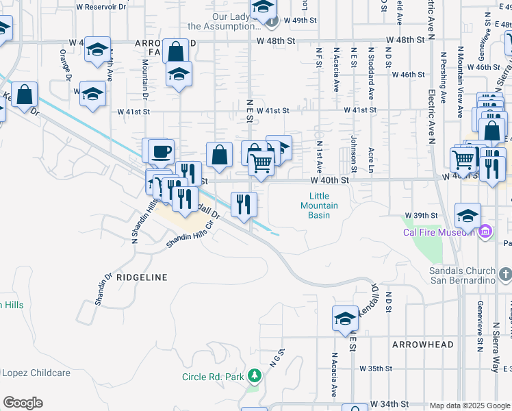 map of restaurants, bars, coffee shops, grocery stores, and more near 3957 North H Street in San Bernardino
