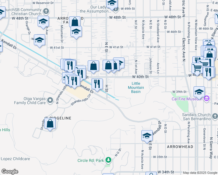 map of restaurants, bars, coffee shops, grocery stores, and more near 3981 North H Street in San Bernardino
