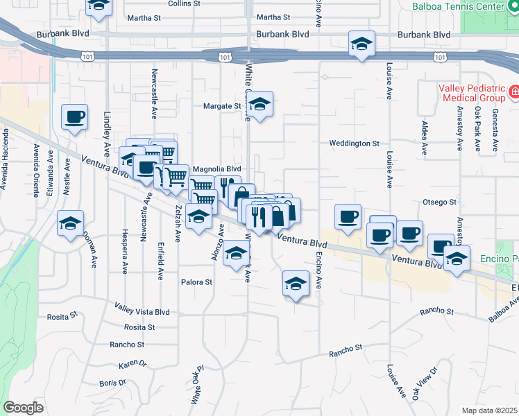 map of restaurants, bars, coffee shops, grocery stores, and more near 5140 White Oak Avenue in Los Angeles