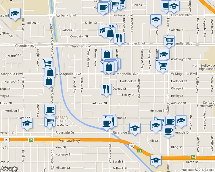 map of restaurants, bars, coffee shops, grocery stores, and more near 5101 Whitsett Avenue in Los Angeles