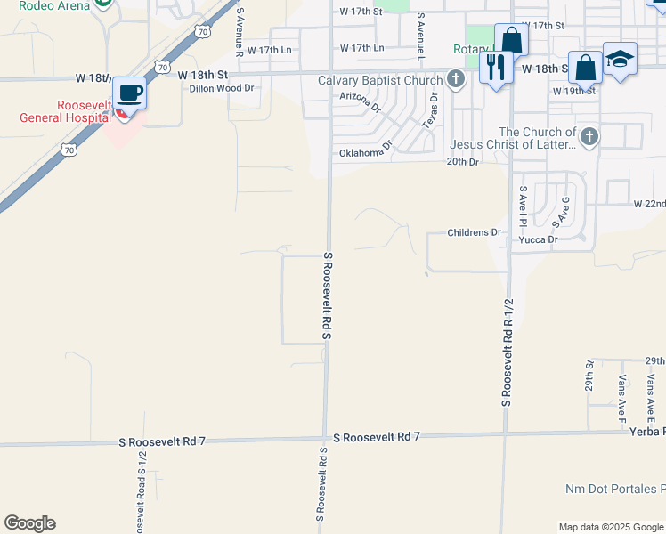 map of restaurants, bars, coffee shops, grocery stores, and more near 640 South Roosevelt Road South in Portales
