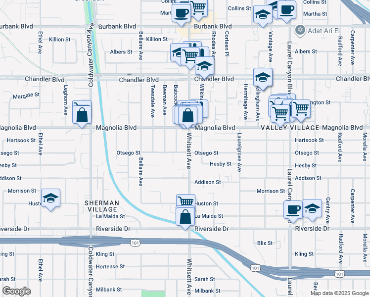 map of restaurants, bars, coffee shops, grocery stores, and more near 5101 Whitsett Avenue in Los Angeles