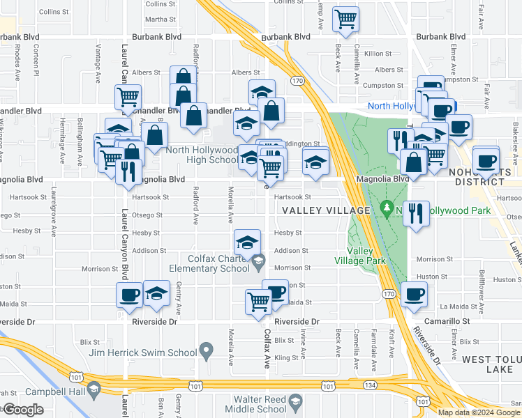 map of restaurants, bars, coffee shops, grocery stores, and more near 5107 Colfax Avenue in Los Angeles