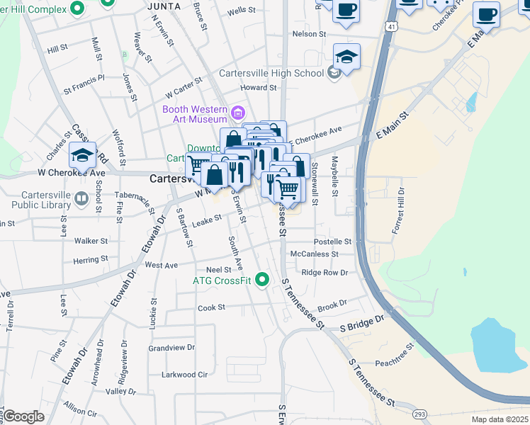map of restaurants, bars, coffee shops, grocery stores, and more near 6 Leake Street in Cartersville