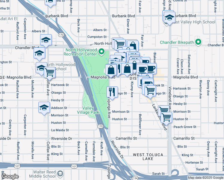 map of restaurants, bars, coffee shops, grocery stores, and more near 5110 Tujunga Avenue in North Hollywood