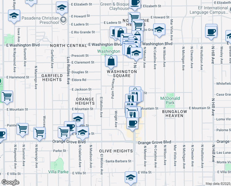 map of restaurants, bars, coffee shops, grocery stores, and more near 1043 Palm Terrace in Pasadena