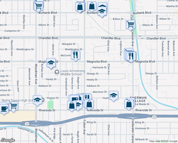 map of restaurants, bars, coffee shops, grocery stores, and more near 5109 Longridge Avenue in Los Angeles
