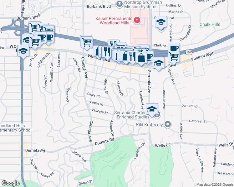 map of restaurants, bars, coffee shops, grocery stores, and more near 5102 Escobedo Drive in Los Angeles