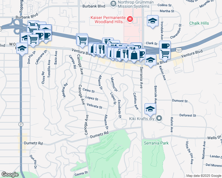 map of restaurants, bars, coffee shops, grocery stores, and more near 5102 Escobedo Drive in Los Angeles