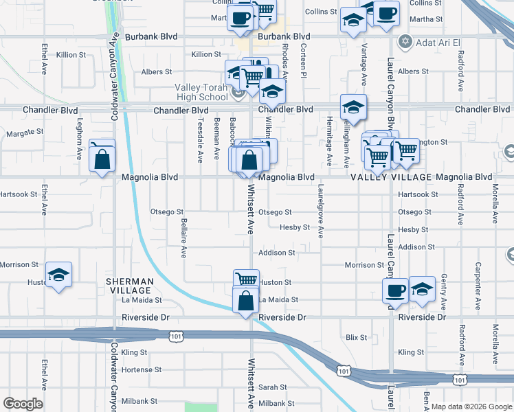 map of restaurants, bars, coffee shops, grocery stores, and more near 5110 Whitsett Avenue in Los Angeles