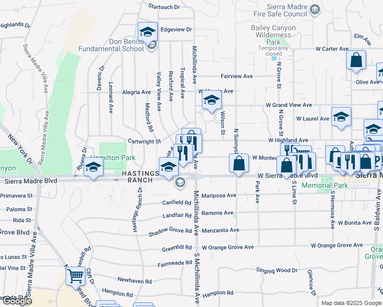 map of restaurants, bars, coffee shops, grocery stores, and more near 985 North Michillinda Avenue in Pasadena