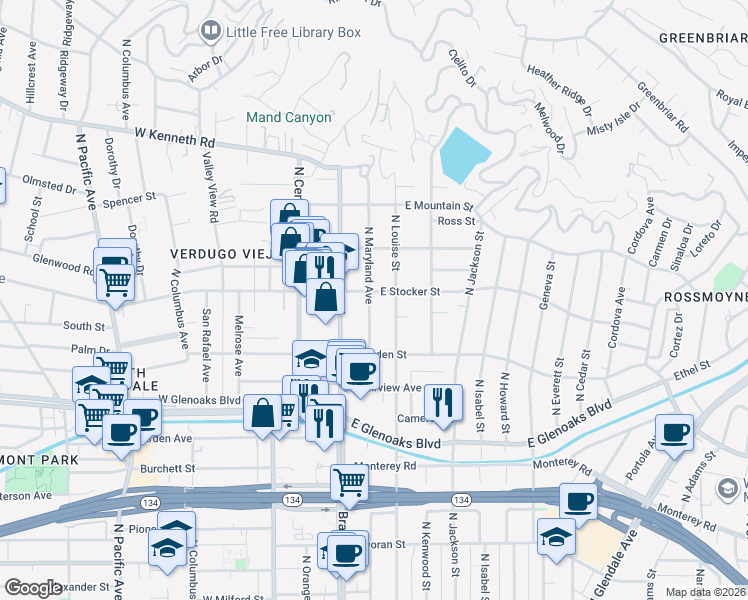 map of restaurants, bars, coffee shops, grocery stores, and more near 1150 North Maryland Avenue in Glendale