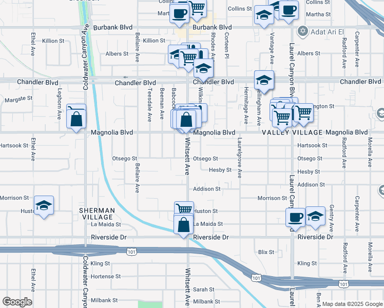 map of restaurants, bars, coffee shops, grocery stores, and more near 5110 Whitsett Avenue in Los Angeles
