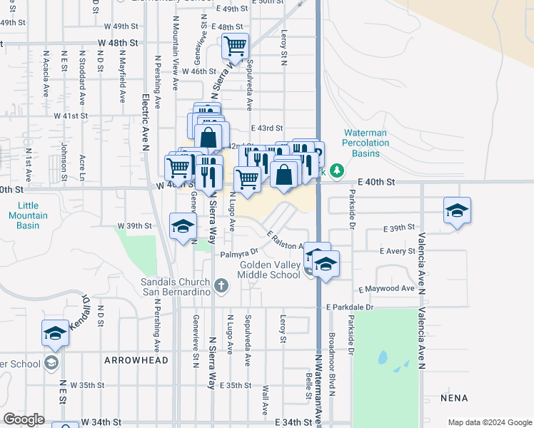 map of restaurants, bars, coffee shops, grocery stores, and more near 201 East 40th Street in San Bernardino
