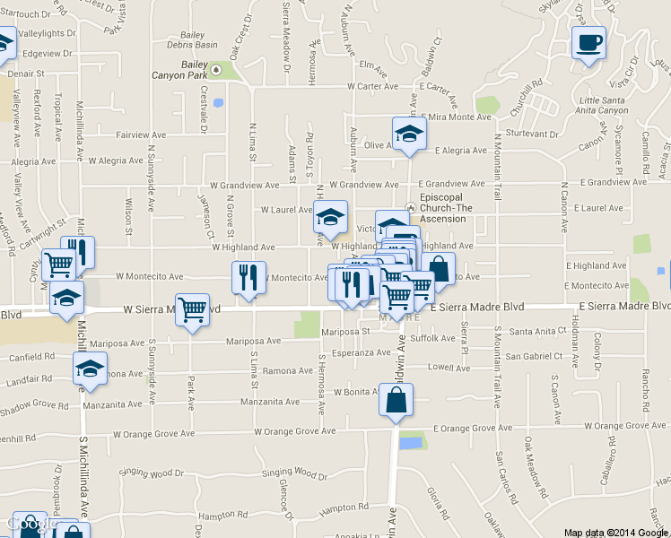 map of restaurants, bars, coffee shops, grocery stores, and more near 148 West Highland Avenue in Sierra Madre