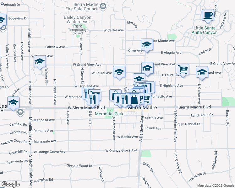 map of restaurants, bars, coffee shops, grocery stores, and more near 148 West Highland Avenue in Sierra Madre