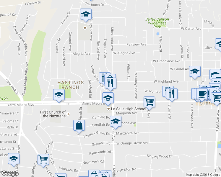 map of restaurants, bars, coffee shops, grocery stores, and more near 700 West Highland Avenue in Sierra Madre