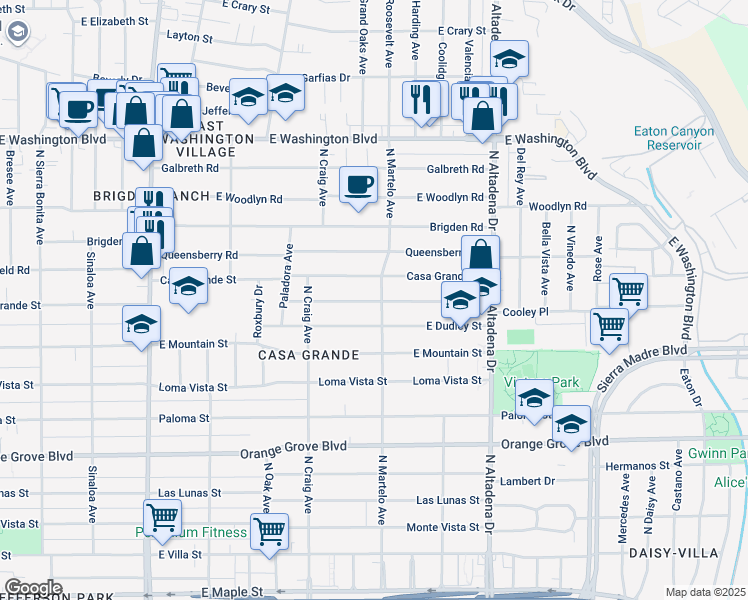 map of restaurants, bars, coffee shops, grocery stores, and more near 2254 Casa Grande Street in Pasadena