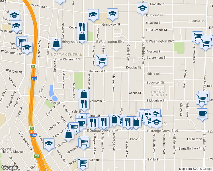 map of restaurants, bars, coffee shops, grocery stores, and more near 1050 North Summit Avenue in Pasadena