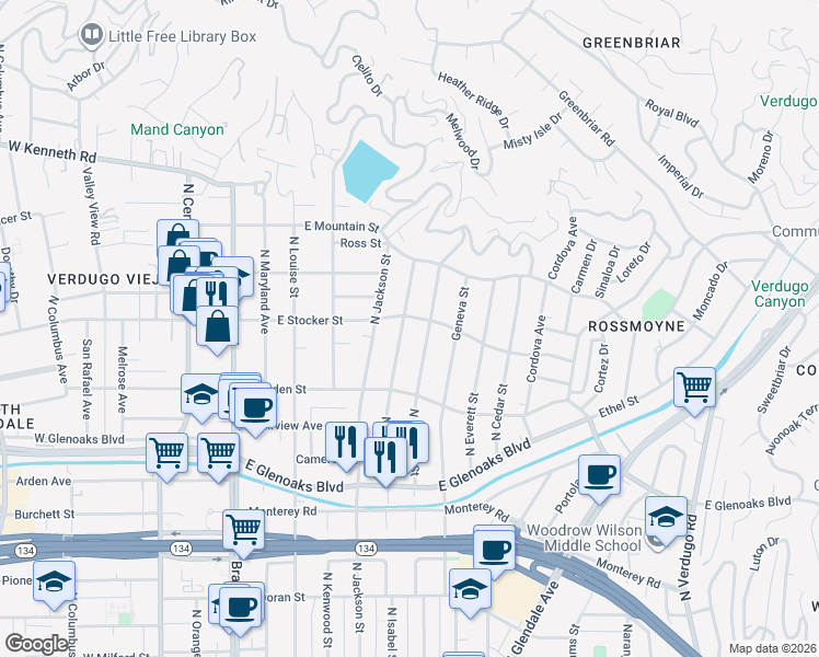 map of restaurants, bars, coffee shops, grocery stores, and more near 1204 North Isabel Street in Glendale