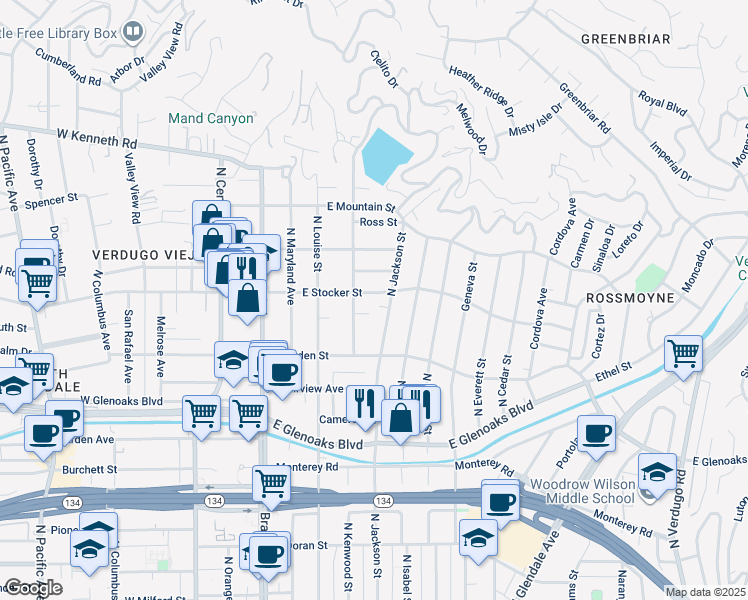 map of restaurants, bars, coffee shops, grocery stores, and more near 401 East Stocker Street in Glendale