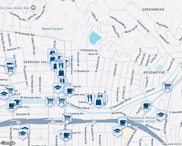 map of restaurants, bars, coffee shops, grocery stores, and more near 401 East Stocker Street in Glendale