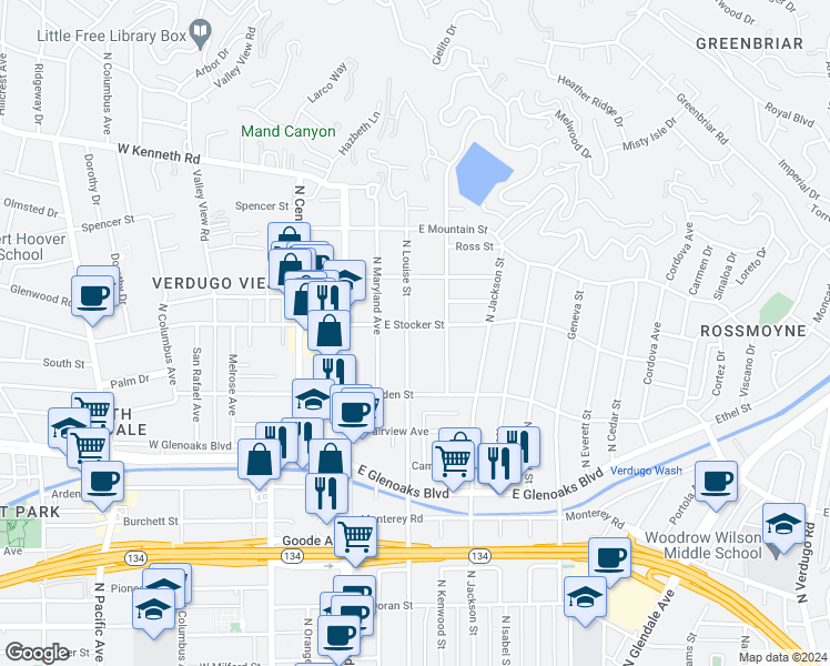 map of restaurants, bars, coffee shops, grocery stores, and more near 1204 North Louise Street in Glendale