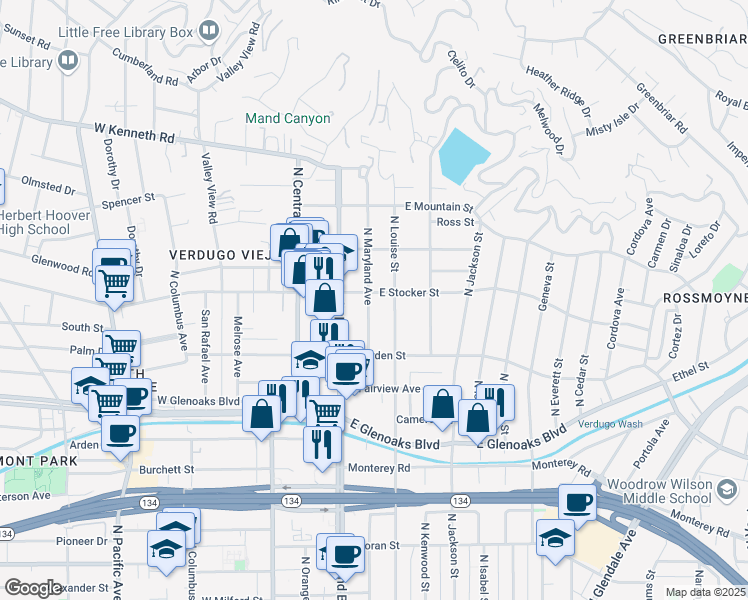 map of restaurants, bars, coffee shops, grocery stores, and more near 1205 North Maryland Avenue in Glendale